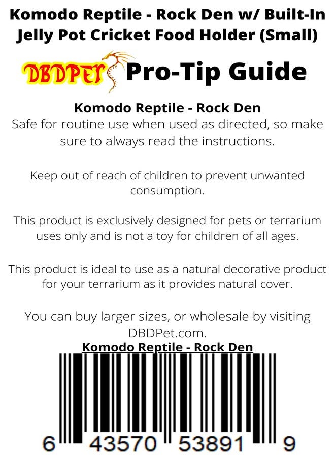 DBDPet Komodo Reptile - Rock Den w/Built-in Jelly Pot Cricket Food Holder - Includes Attached DBDPet Pro-Tip Guide (Small) - Image 5